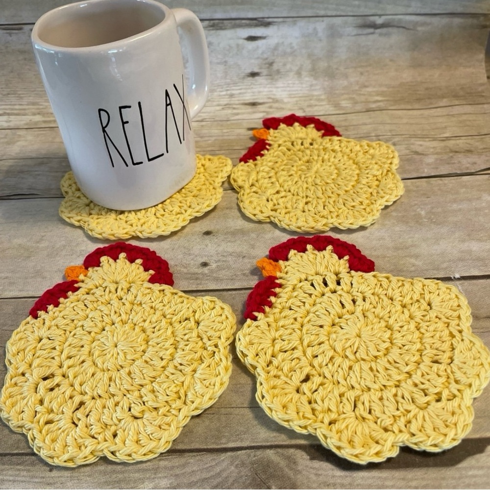Set of Four Handmade Cotton Chicken Crochet Coasters All Same Yellow